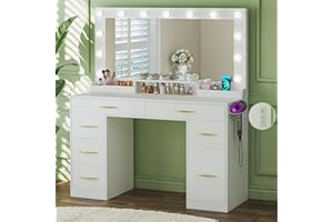 HUAHUU Makeup Vanity Desk with Lights, Vanity Desk with Large Mirror, White Vanity with 6 Large Drawers & 1 Cabinet & Power Outlet, 3 Lighting Color Adjustable, Bedroom