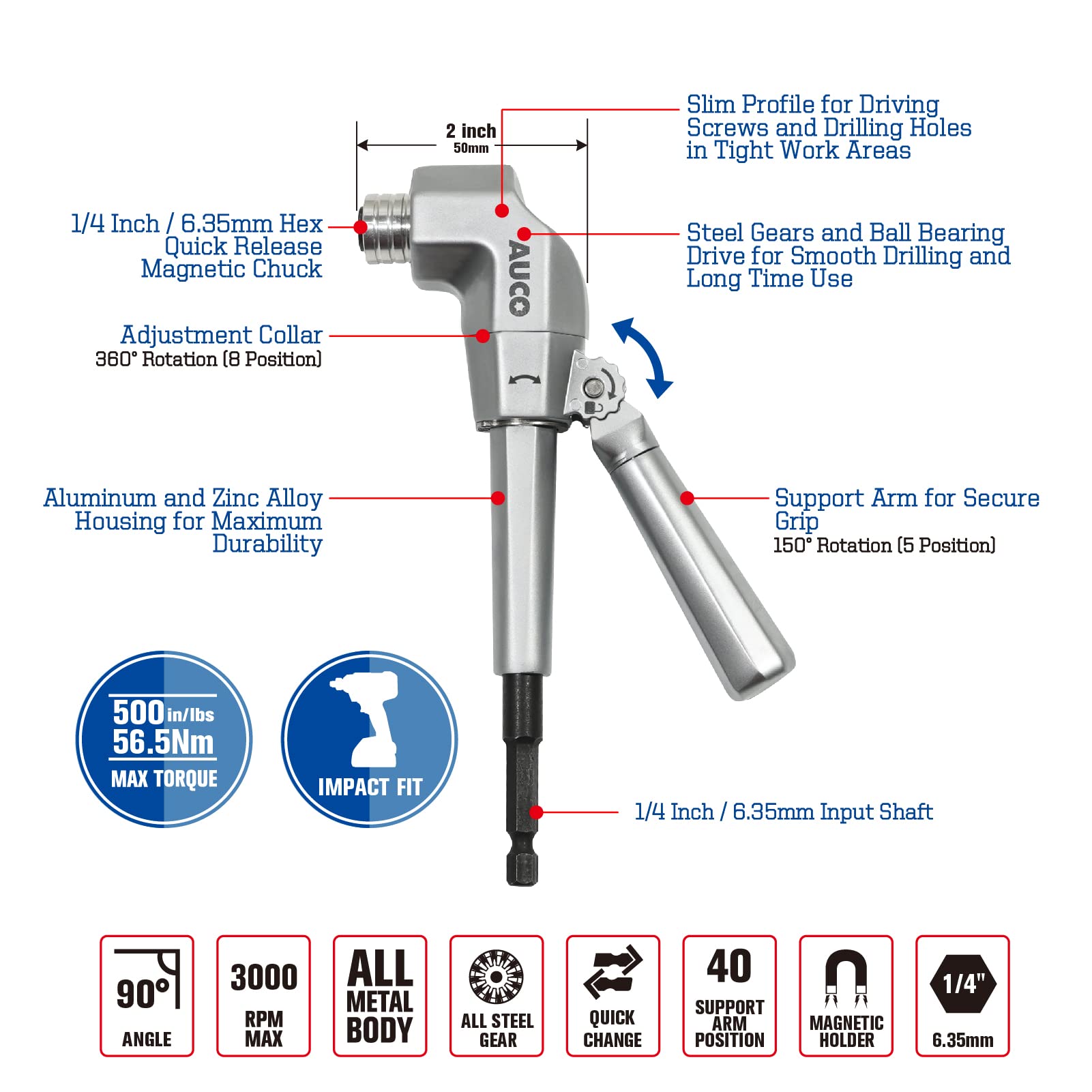 AUCO Durable Right Angle Drill Attachment, Adjustable Drill Adapter, Impact Fit, Max Torque 500 in-lbs (56.5 Nm), All Metal Body & Steel Gear, For Use with Cordless Drill and Impact Driver