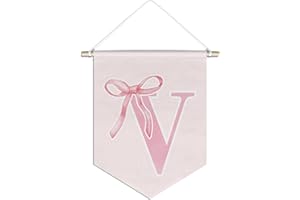 foedor initial Personalized Preppy Canvas Hanging Pennant Flag Banner, Coquette Pink Bow Teen Girl Gifts,Trendy Cute Monogrammed Gifts Wall Decor for Women Teen Girl Nursery bedroom(V)