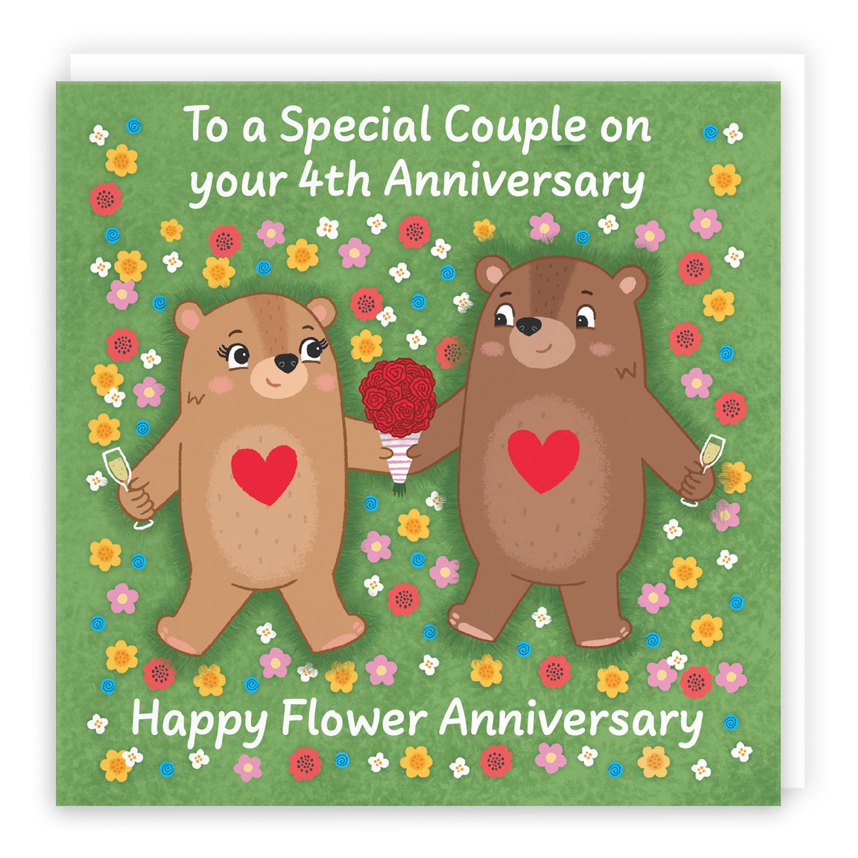 Hunts England - Couple 4th Anniversary Card - Flower Anniversary - Fourth Anniversary - 4 Years - Cute Fun Bears Card - Love Story Collection