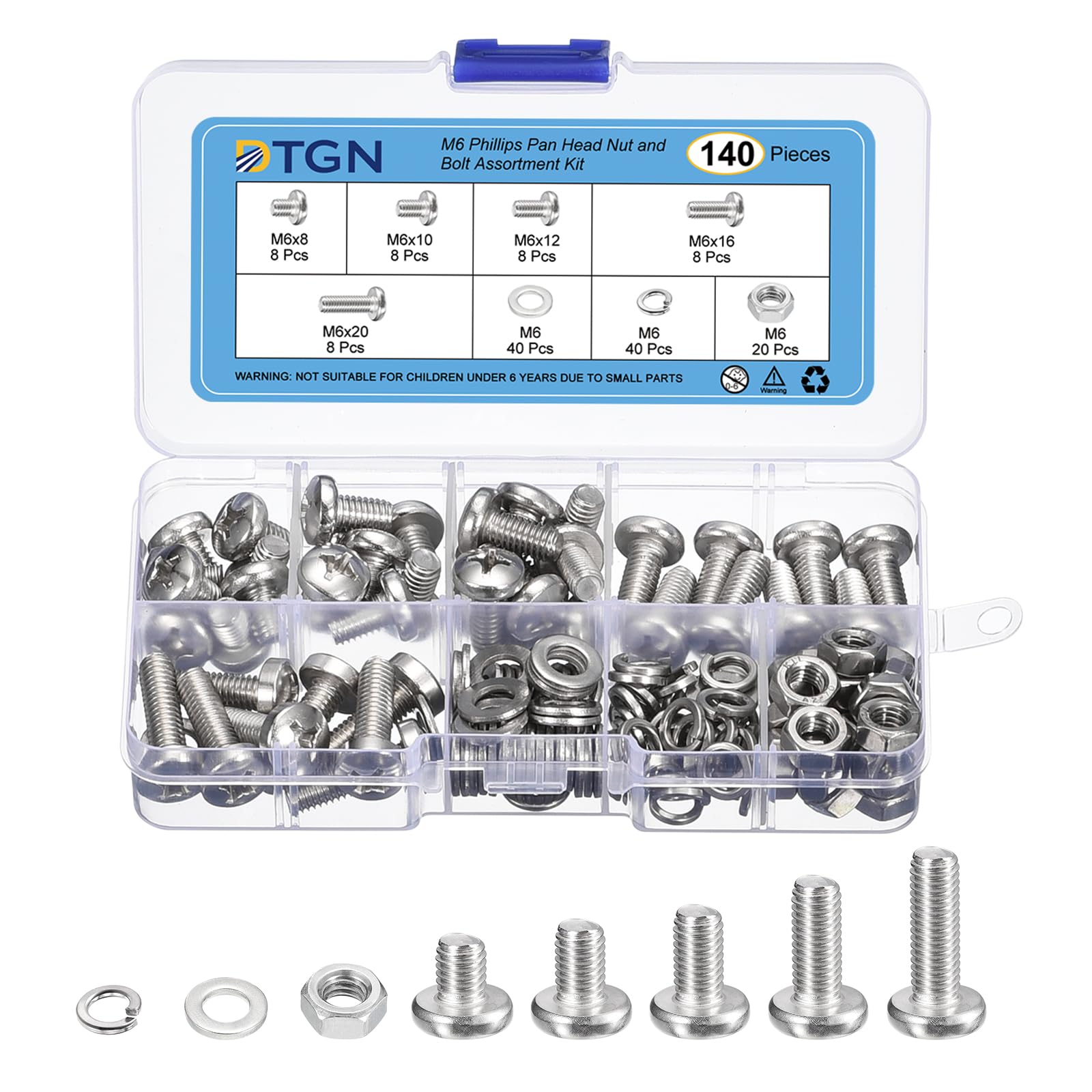 DTGN 140Pcs Machine Screws Assortment Kit, M4 M5 M6 Phillips Pan Head Nut and Bolt Assortment Kit, 8/10/12/16/20mm Metric Bolt Assortment, 304 Stainless Steel With Washers