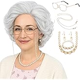 Bettecos Old Lady Wig Costume Set for Women Short Curly Grandma Wig and Glasses Silver White Granny Wigs for Old Woman Cosplay Halloween Party (Silver White/Old Lady)