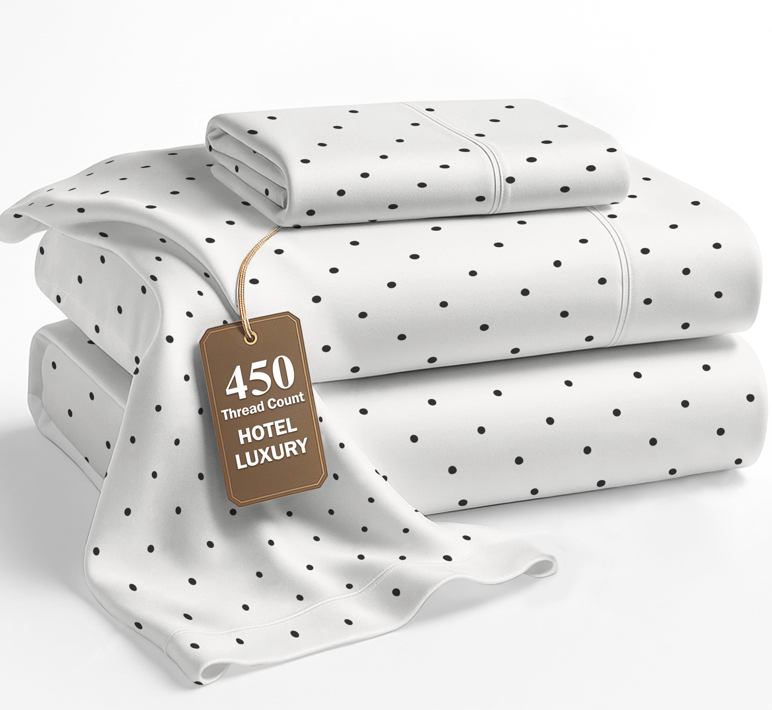 LANE LINEN Twin Extra Long Sheets – 450 Thread Count Cooling Cotton Sheets, Soft & Comfy Sateen Weave, 15” Deep Pocket Fully Elasticized Fitted Sheet, Hotel Sheet & Pillowcase Set, Polka Dot Black