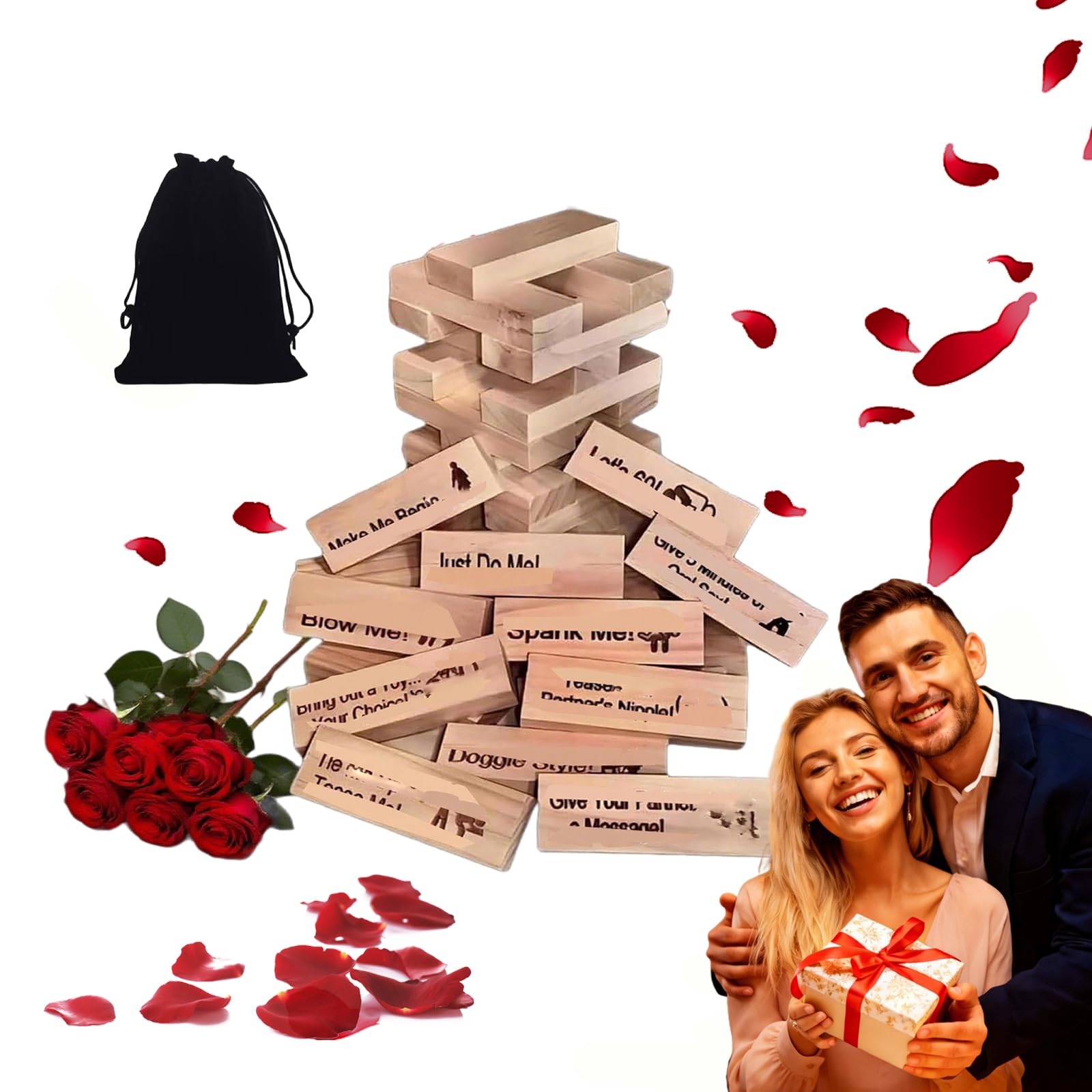 DMJOULI Lust Tower - 48Pcs Super Naughty Block Tower Game,Fun Adult Party Game for Date Nights, Valentines Day Romantic Activity with Storage Bag