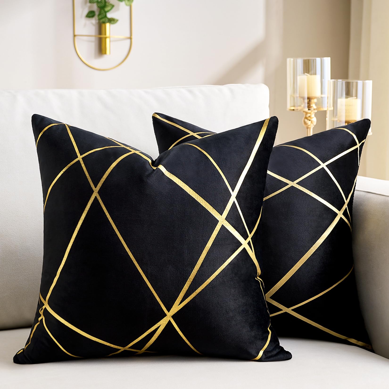 Velvet Cushion Cover Black Decorative Throw Pillow Covers Gold Lines Square Geometry Cushion Case Soft Home for Living Room Bedroom Pack of 2 20 x 20 Inch 50 x 50 CM — image 1