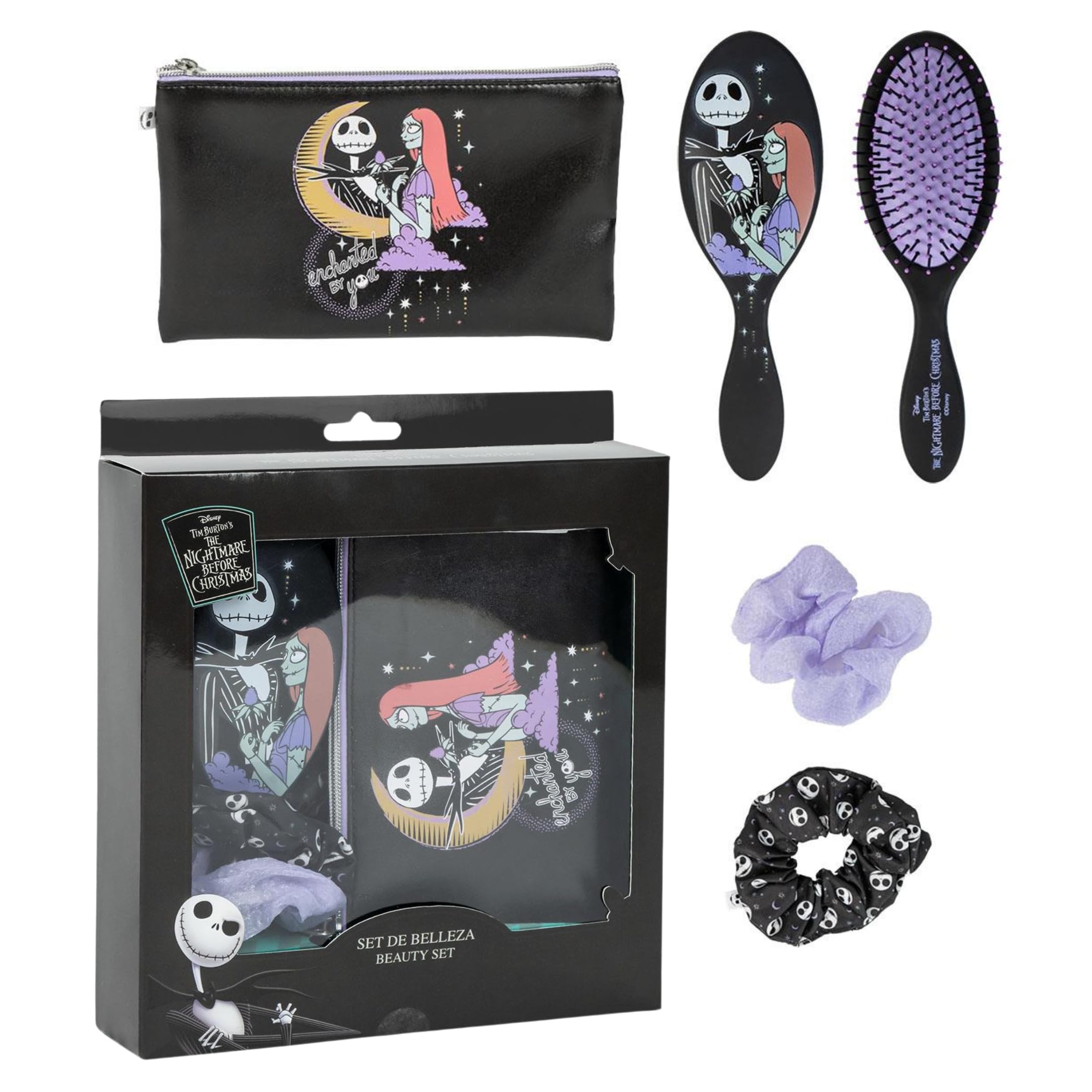 The Nightmare Before Christmas Hair Beauty Accessory Set Hairbrush + Cosmetic Bag + 2 Scrunchies Jack Skellington 4 Piece Gift Set