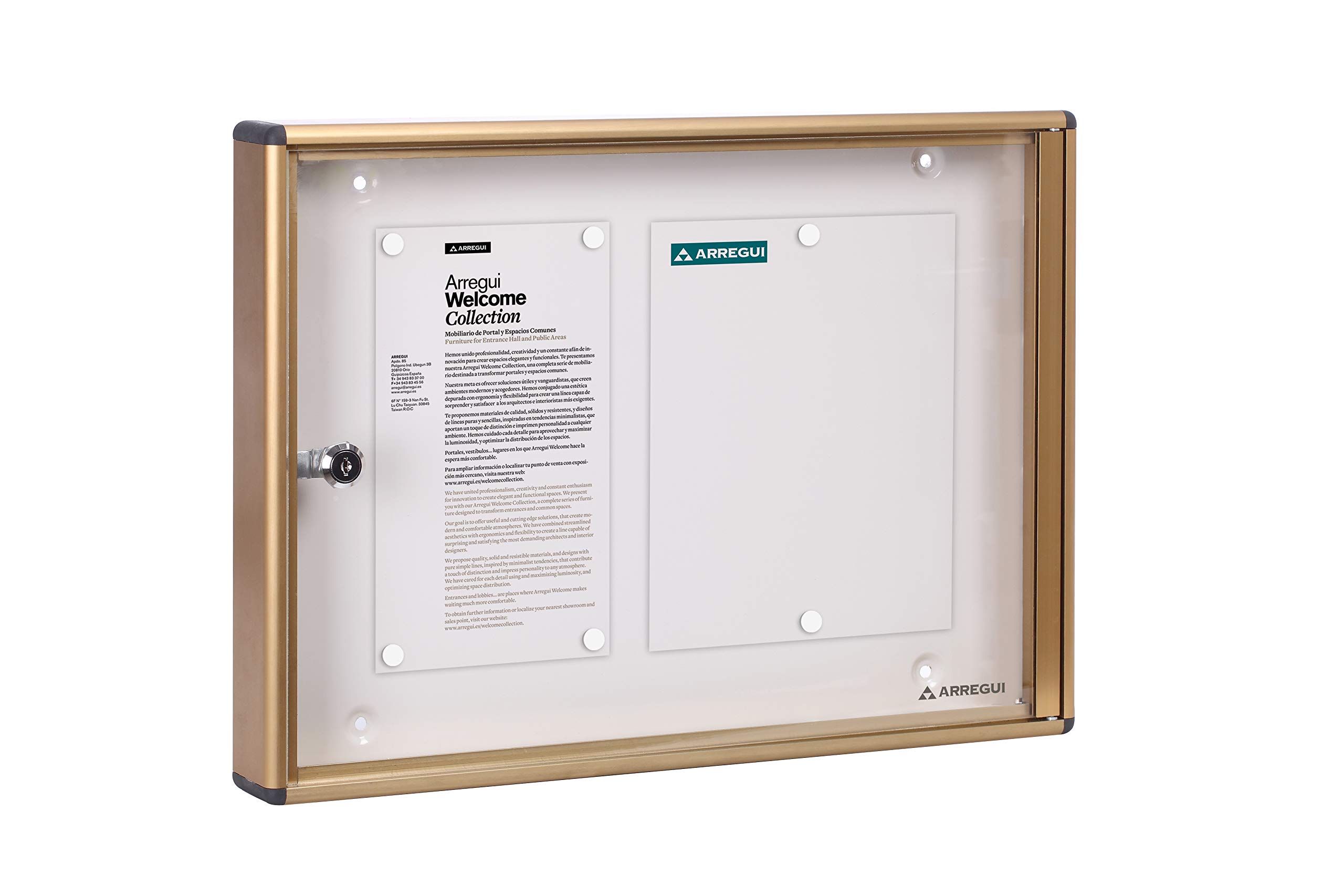 ARREGUI PAN46 Aluminium Display Case for 2 DIN A4 Sheets Weatherproof Display Case Magnetic Information Box with Key Information Board 8 Magnets Including 35 x 48 x 5 cm Gold