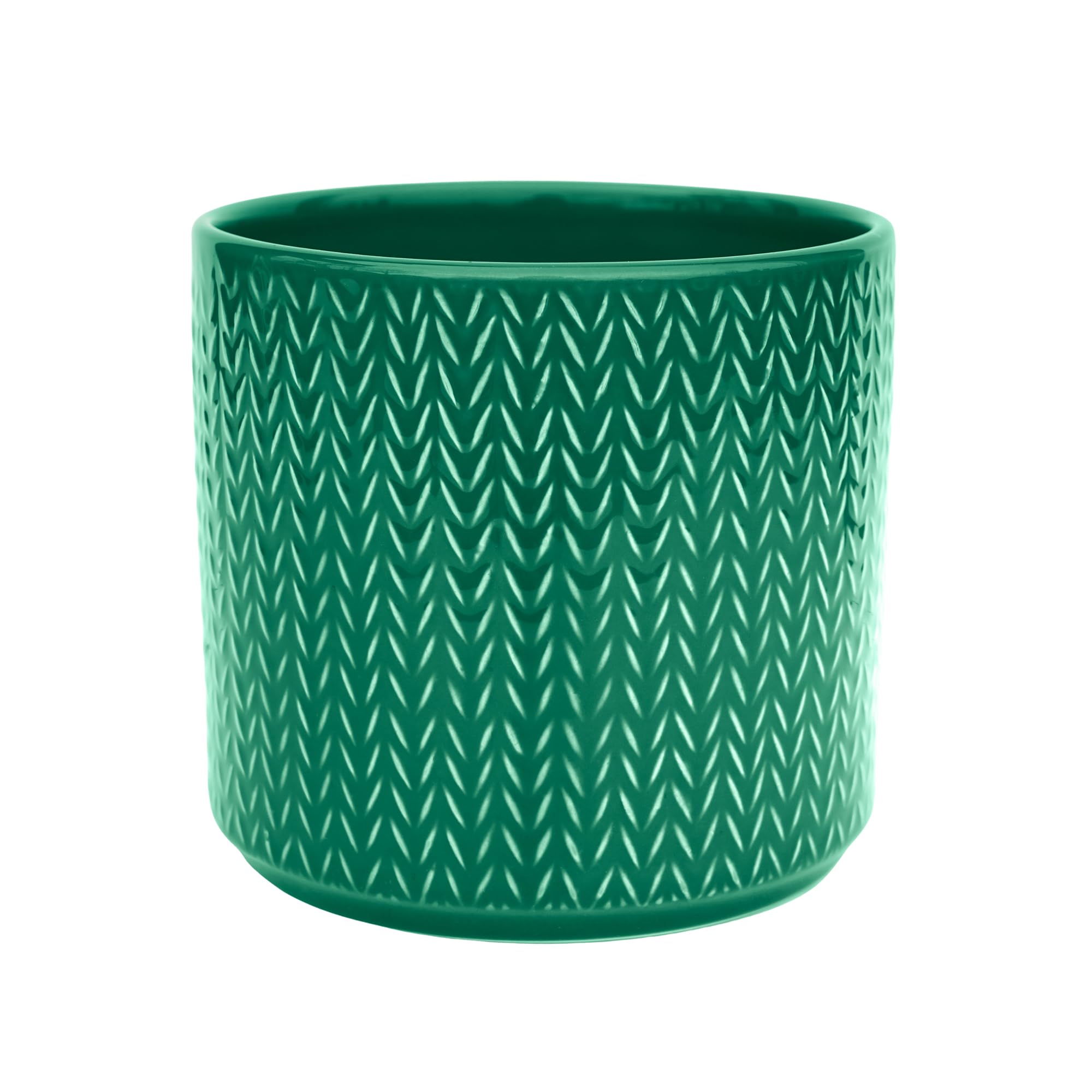 Ivyline Planter in Emerald Ceramic with Chevron Print - Tall Design and Slim Silhouette - Waterproof Indoor Round Flower Pot - H15 x D15 cm