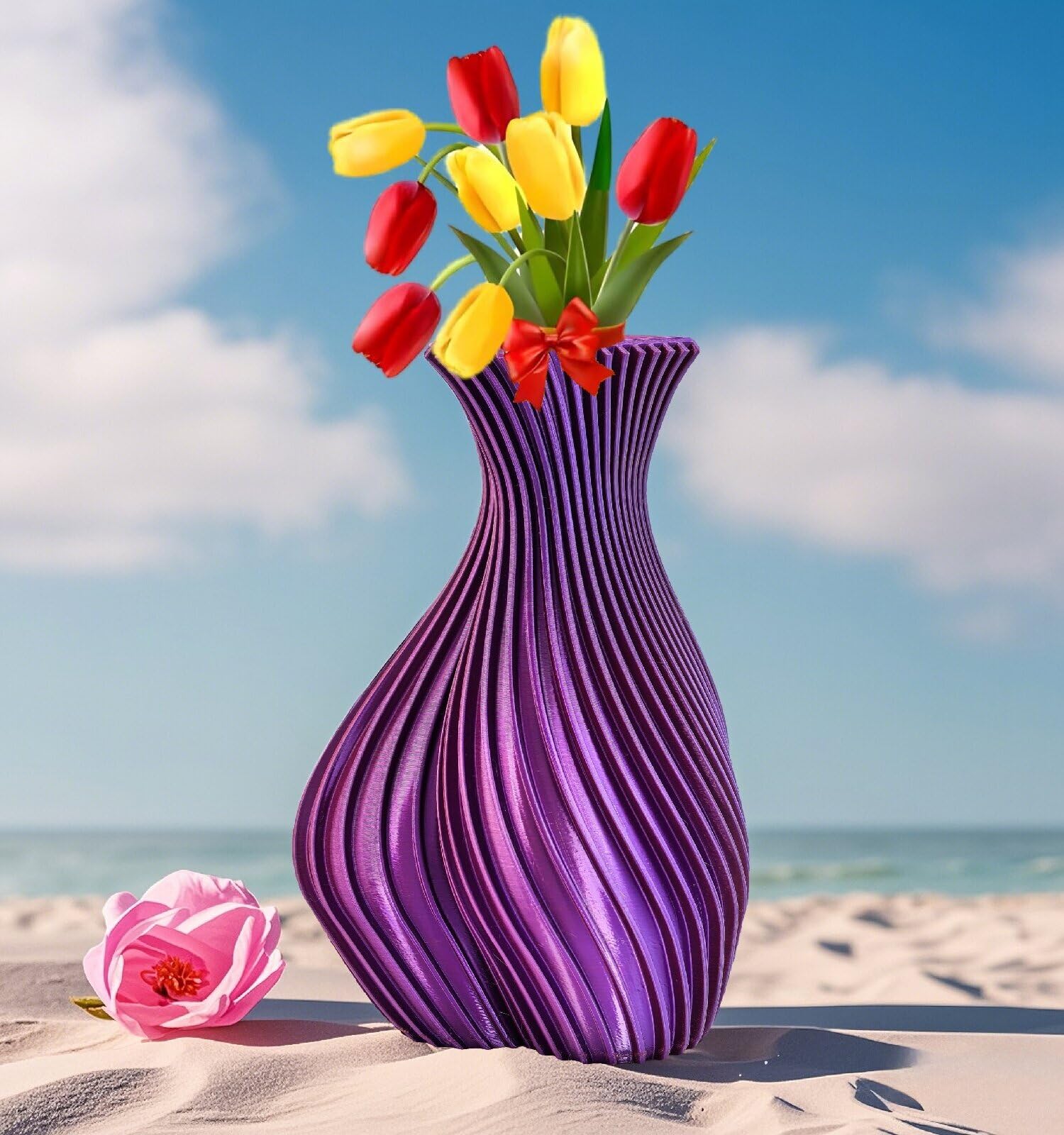 Photo 1 of 3D Printed Twisted Striped Love-Shaped Vase - Fun Quirky Decorative Vase for Home or Office - Unique Gift for Any Occasion(RedGolPur, 7.2 Inch)