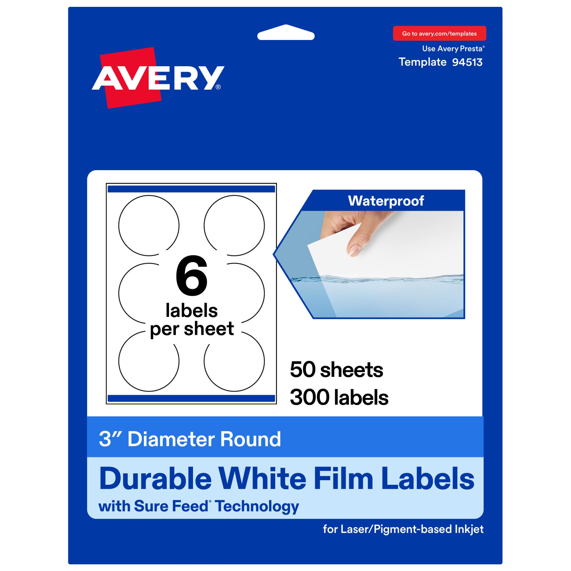 Avery Printable Durable White Round Labels, Sure Feed Technology, 3″ Diameter, Print-to-the-Edge, Waterproof Labels, Laser & Pigment-Based Inkjet Compatible, 300 Total