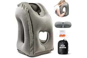JefDiee Inflatable Travel Pillow, Airplane Neck Pillow Comfortably Supports Head and Chin for Airplanes, Trains, Cars Office Napping on The Tray Table (Grey)