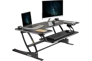 VIVO Black Electric Extra Wide 107cm Stand Up Desk Converter, Quick Sit to Stand Tabletop Dual Monitor Riser Workstation, DES