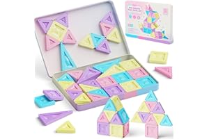 burgkidz Mini Magnetic Tiles Girls Travel Toy- 40 PCS Macaron Magnet Blocks with Pink Tin Box - 120 Mins Quiet Play for Airpl
