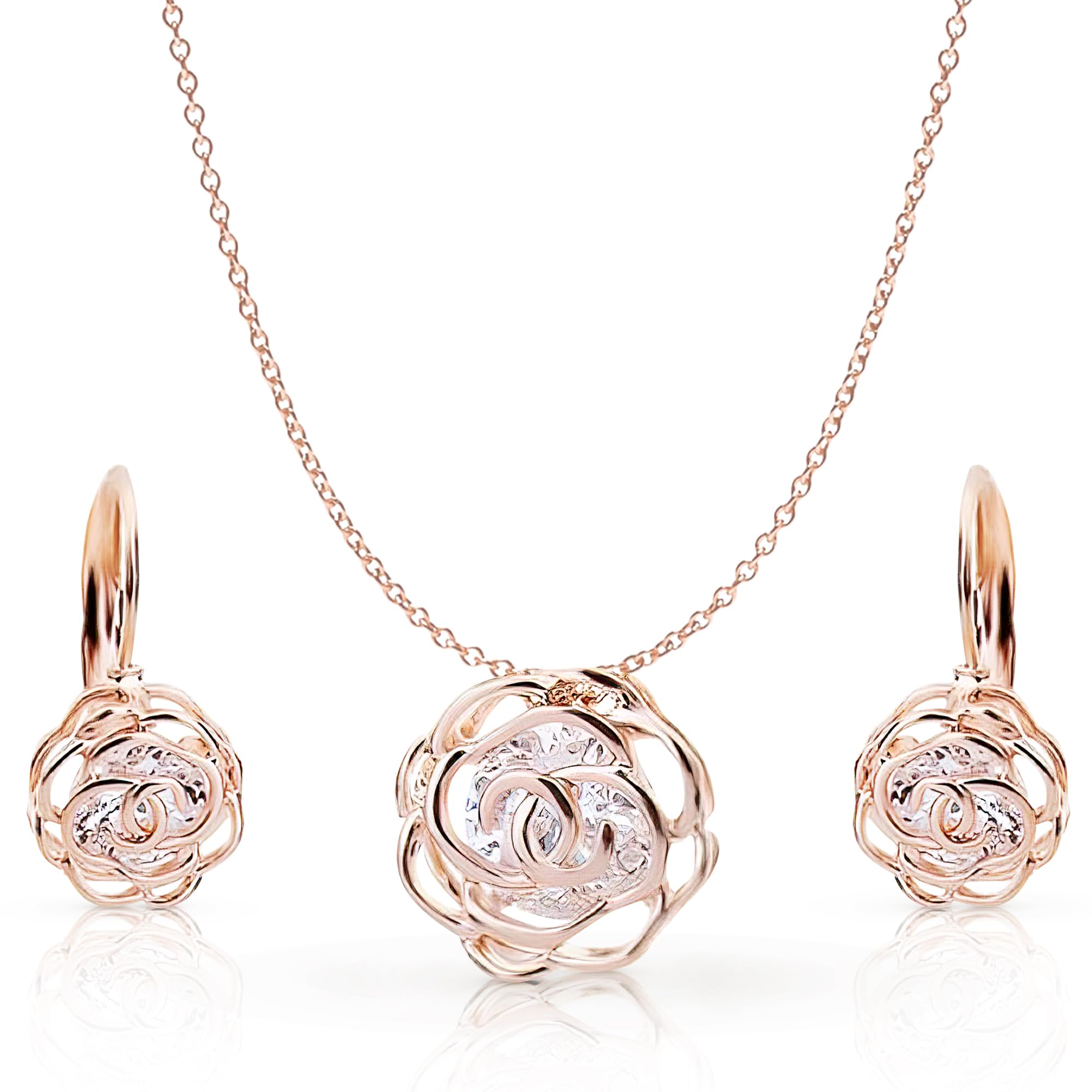 Crystalline Azuria Women 18ct Rose Gold Plated White Crystal Roses Flowers Necklace and Earrings Set for Women Wedding Party Bridal Bridesmaid Accessories