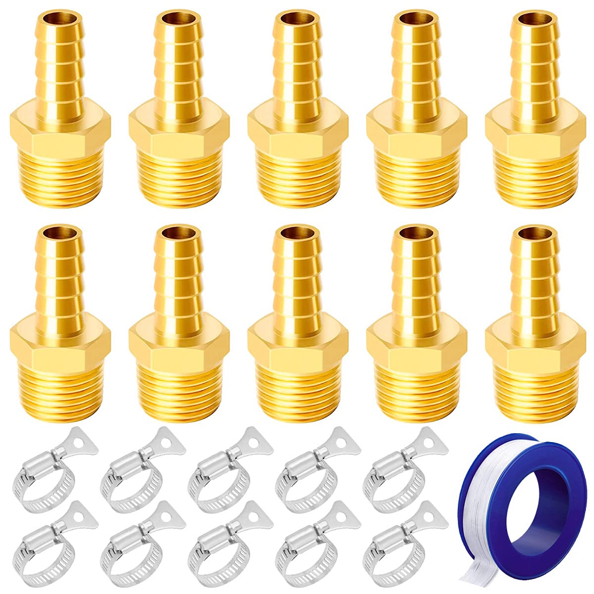 Youmile 10PCS Brass Hose Barb Fittings 3/8 Inch(10mm) Barb x 1/4" NPT Male Barb Fitting Union Adapter for Water/Fuel/Air with 10PCS Hose Clamp, Thread Seal Tape