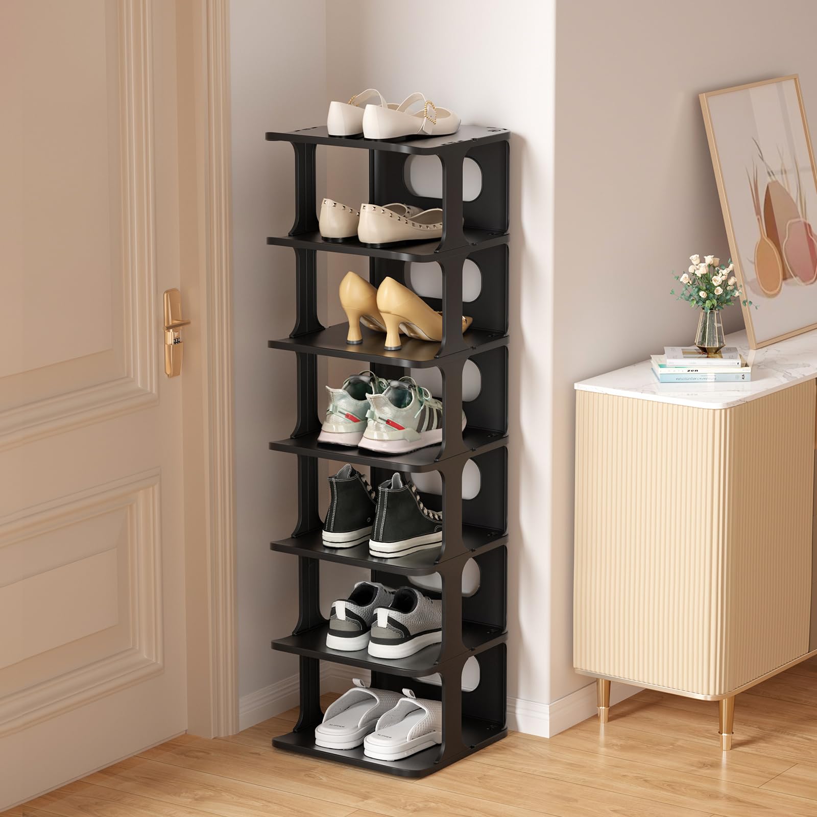 Photo 1 of HAIXIN Vertical Narrow Tall Shoe Rack for Front Door Entrance, 7-Tier Sturdy Stackable Shoe Rack Organizer for Closet Entryway, Corner Shoe Storage Shelf Shoe Cubby