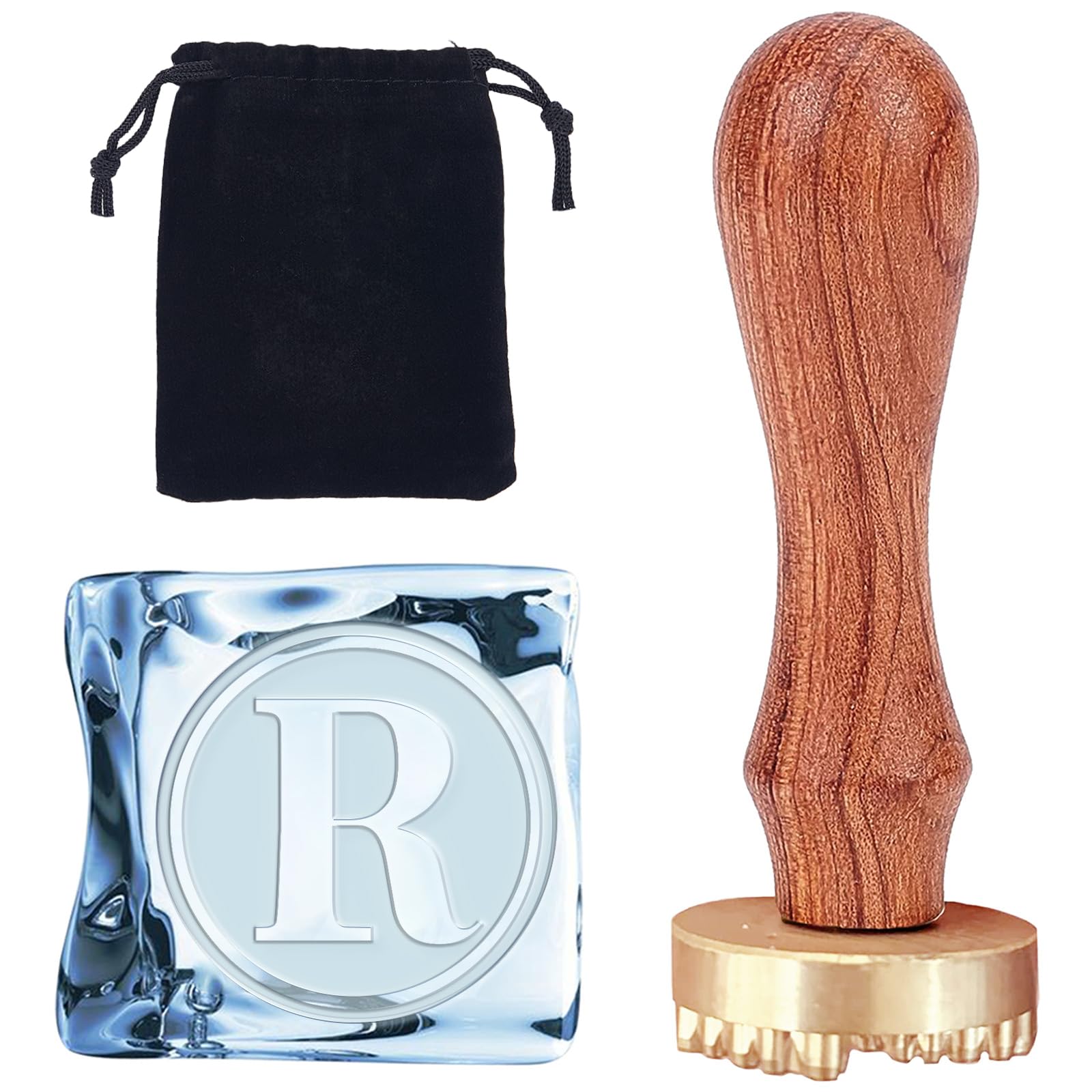CRASPIRE Letter R Ice Stamp Initials Ice Cube Stamp 1.2inch with Removable Brass Head Replacement Wood Handle Ice Branding Stamp for Cocktail Party Whiskey Mojito Drinks Wedding Making DIY Crafting