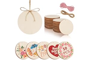 Philorn 50pcs Wooden Ornaments for Crafts 3.5" Unfinished DIY Wooden Christmas Ornaments, Predrilled Wood Slices Circles for Crafts Paint Holiday Hanging Decorations (50pc Rounds)