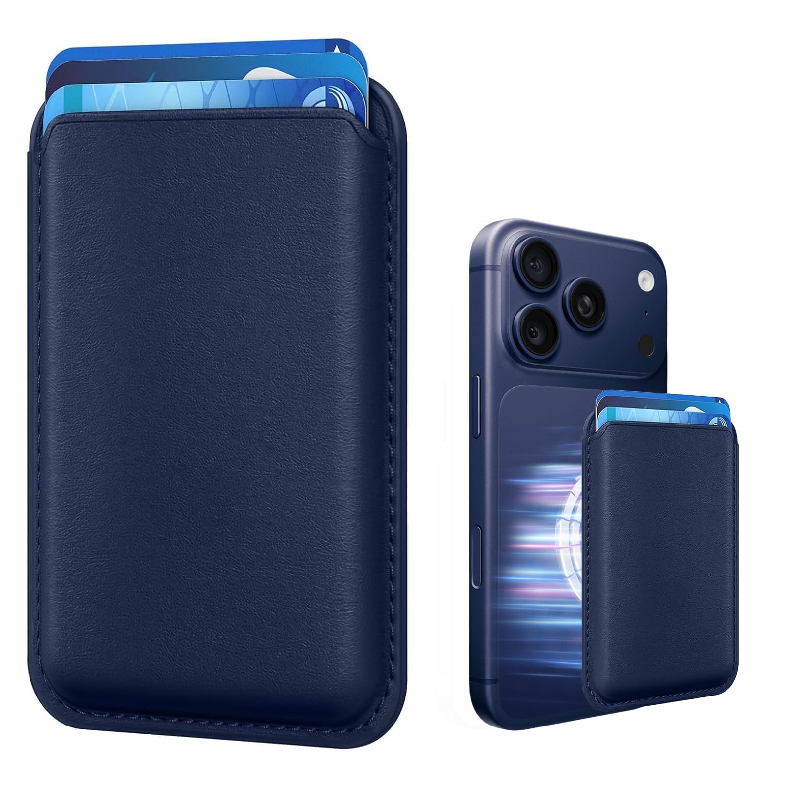 Photo 1 of Amzone Magnetic Wallet Cell Phone Card Sleeves for Phone Case with Magnetic, Stronger Magnetics RFID Leather Phone Wallet Stick on Series of iPhone 17/16/15/14/13/12 Pro/Promax, Indigo Blue