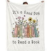 Book Lovers Gift, Soft Throw Reading Blanket, Flowers and Books Blanket Gifts for Book Lovers Women, Bookish Bookworm Gift, Bookish Librarian Themed Reading Blankets 60"x50" (White)