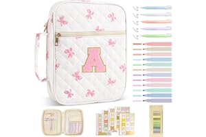 IQIMOTT Personalized Initial Bible Cover Case for Women Girls Kid - Large Quilted Bible Case with Handle, Stylish Chenille Letter Bag Study Supplies, Perfect Christmas Gifts for Christians Women (Pink Bow-A)