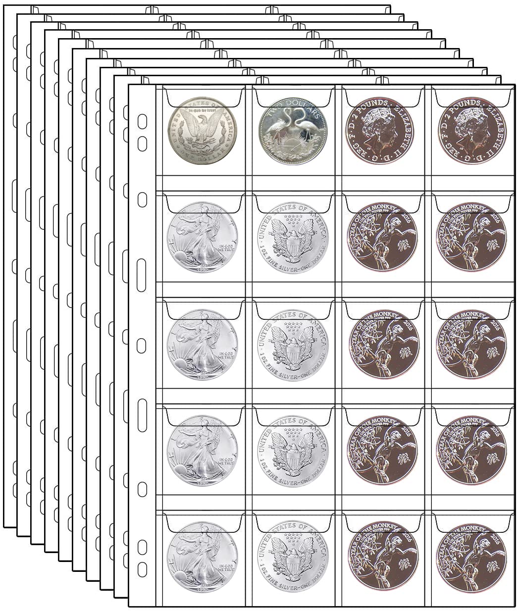 Photo 1 of 10 Sheets Coin Collection Pages,Coin Binder Inserts Sleeves with 9 Hole for Coin Album,Collecting Binder Protectors for Silver Dollar Bill Quarters Penny Stamp Currency(20 Pockets)