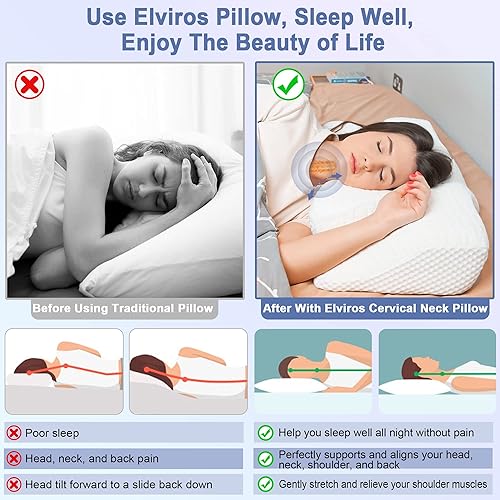 Elviros Cervical Memory Foam Neck Pillow For Side Sleeping, Orthopedic Pillows For Back And Stomach Sleepers, Adjustable Ergonomic Bed Pillow Pain Relief (White