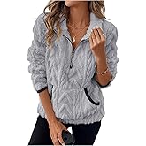 Elneeya Quarter Zip Pullover Women Comfy Fuzzy Fleece Pullover Sherpa Fall Warm Oversized 3/4 Zip Sweatshirt with Pocket