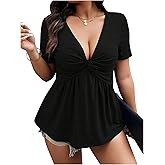 SOLY HUX Women's Plus Size Deep V Neck Twist Front T Shirts Short Sleeve Summer Tunic Tops Ruffle Flowy Tees