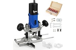 igooo 1.25HP AC Electric Plunge Woodworking Router Kit, 6 Variable Speed, Soft Start Motor, with Edge Guide, 1/4”, 6mm and 8mm Collets, 6 bits, Vacuum Adaptor, 120V 60Hz 850W Model ER850