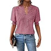 Falechay Womens Summer Tops Boho Short Sleeve Shirts V Neck Casual Chiffon Blouses Flowy Lace Hem Spring Clothing Trendy 2025