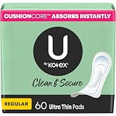 U by Kotex Ultra Thin Pads, Clean &amp; Secure, Regular Absorbency, 60 Count (Packaging May Vary)