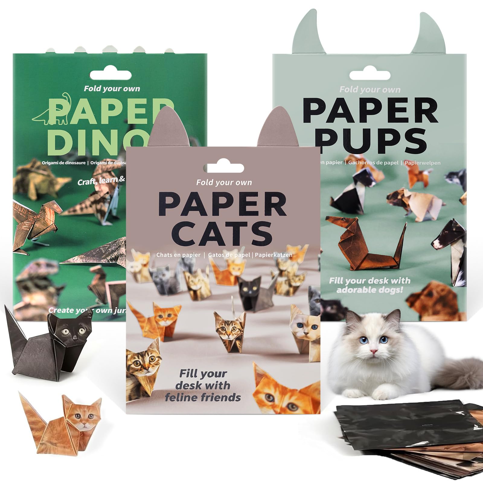 CHANCCI 50pcs DIY 3D Origami Kit,DIY Paper Cats, Dogs & Dinos,Fold Your Own Origami Cats,Origami Animal Shaped Decor Kit,Creative Art Activity for Adults&Kids,Cute Desk Decor Gift for Cat&Puppy Lovers