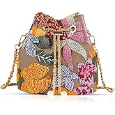 Crossbody Bags for Women, Hand Embroidered Leathers Tot Bag, Carry Handle Bucket bag, Bohemian Handbags for Women Vacation Travel Daily Matching(Orange)