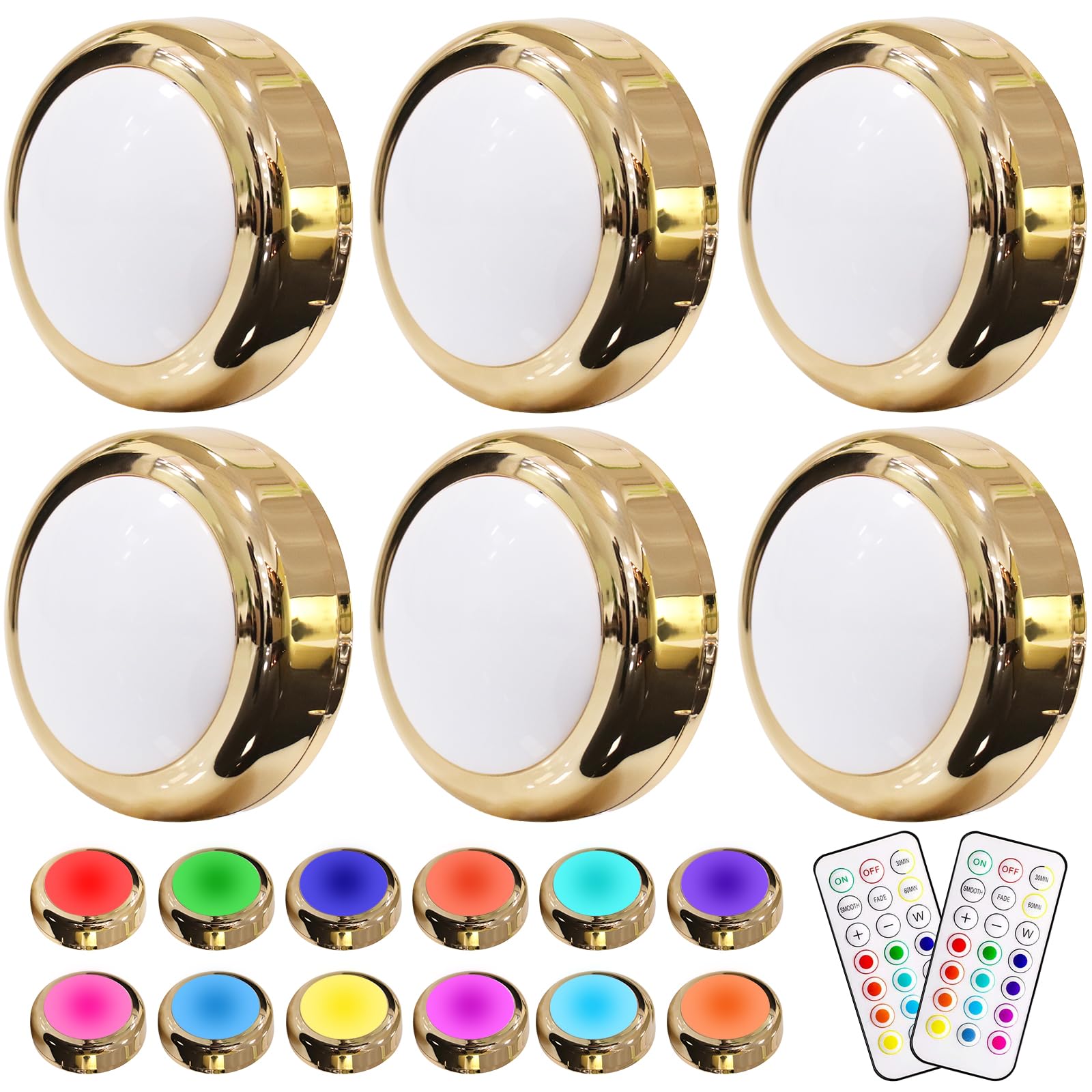 Photo 1 of HELPLEX LED Puck Lights with Remote, 6 Pack Color Changing RGBW Stick-On Light, Battery Powered, Dimmable Under Cabinet Lighting with Timer & Memory, Wireless Push Lights for Kitchen & Closet, Gold