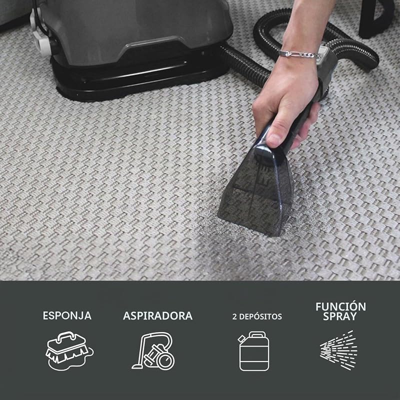 Aspirador de carpetes – Lavador de carpetes – Lavador interior de carro, cabo de 3 metros, depósitos de 1,4 L e 1,2 L, tecnologia avançada para limpeza impecável. Cinzento escuro e preto