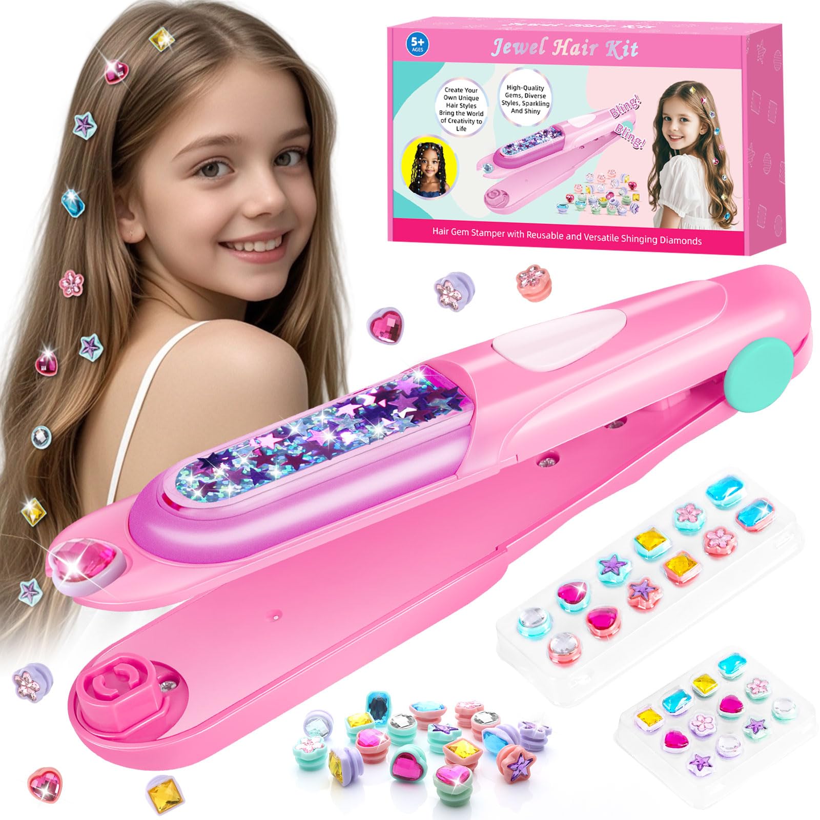 ADXVR Hair Gem Stamper Kit - Bling Hair Jewels for Girls Toys - Hair Accessories with Reusable Shining Diamonds, Birthday for Girls 3 4 5 6 8-12 (Purple-Pink)