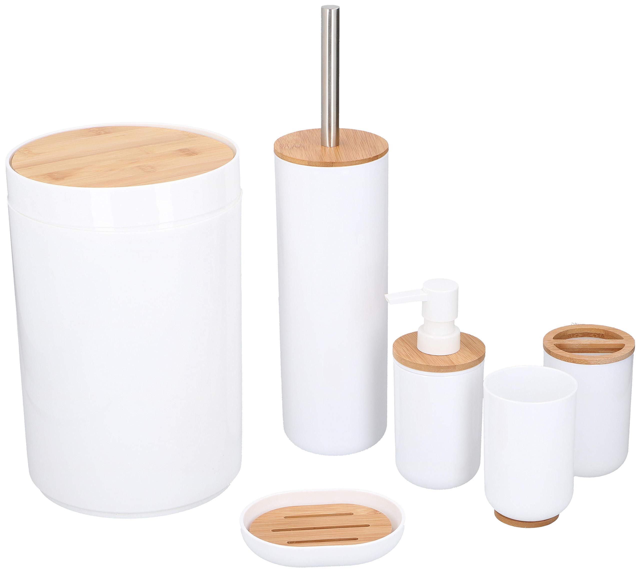 alpina Bathroom Set in Bamboo Wood and Plastic White and Natural 6 Pieces with Toilet Brush Holder, One Size