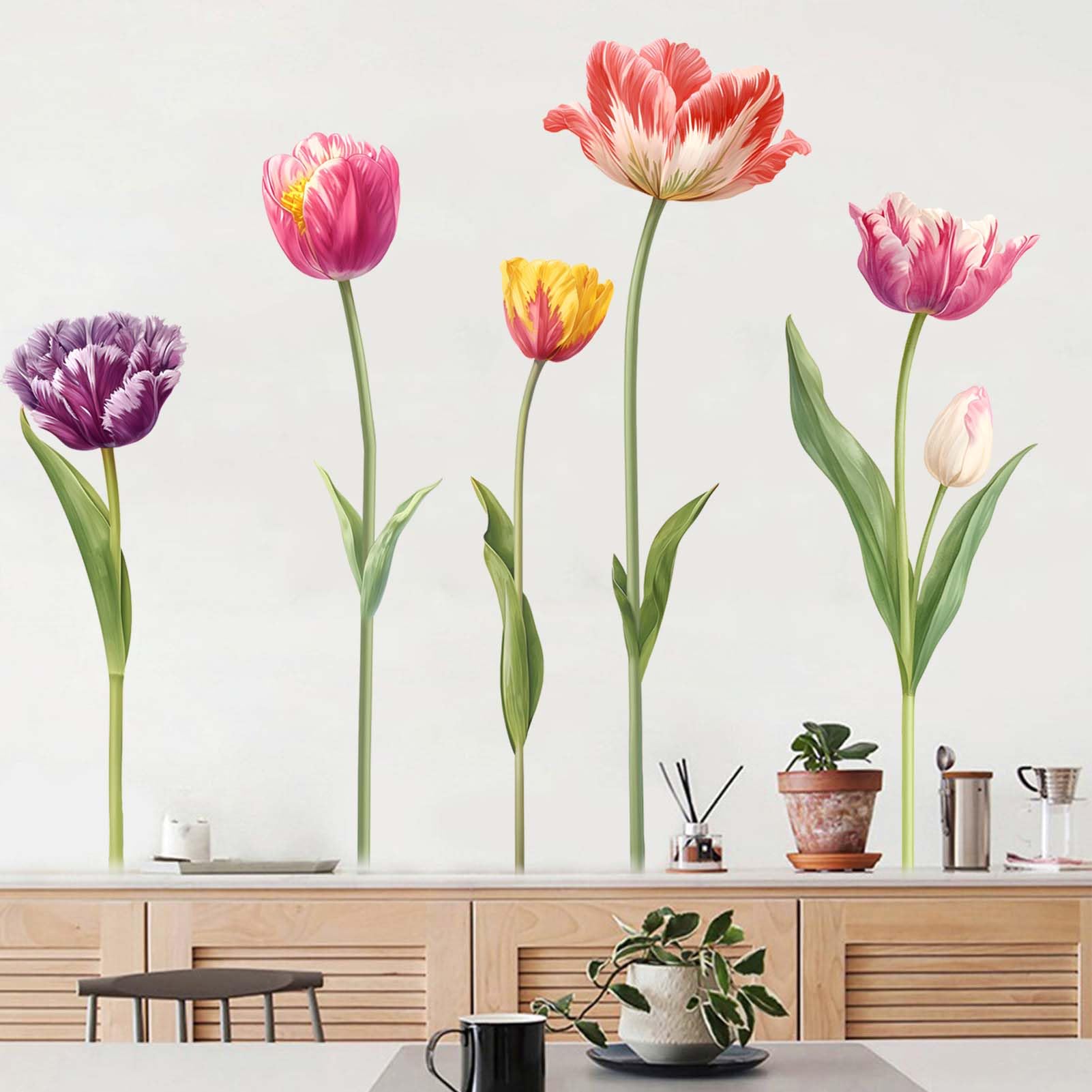 Tulip Flower Wall Stickers for Bedroom: Peel and Stick Wildflower Floral Butterfly Wall Stickers - Sofa TV Background Home Art Wall Decor