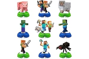 NKEM Pixel Miner Honeycomb Centerpieces Party Supplies for Game Theme Birthday Party Decorations, 9Pcs Double Sided Pixel Theme Table Decor Video Game Party Favors for Fans Kids Boys