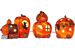 Adroiteet Thanksgiving Table Decorations Resin Pumpkin Turkey Carriage Train with LED Lights, Turkey Tabletop Centerpieces Fall Harvest Decor for Home Kitchen