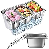 3 Compartments Ice Chilled Condiment Caddy, 30.5 oz Salad Bar Containers Stainless Steel Serving Dish with Lids for Bar, Hummus, Fruit, Salad, Ice Cream Topping, Sauces, Party Supply