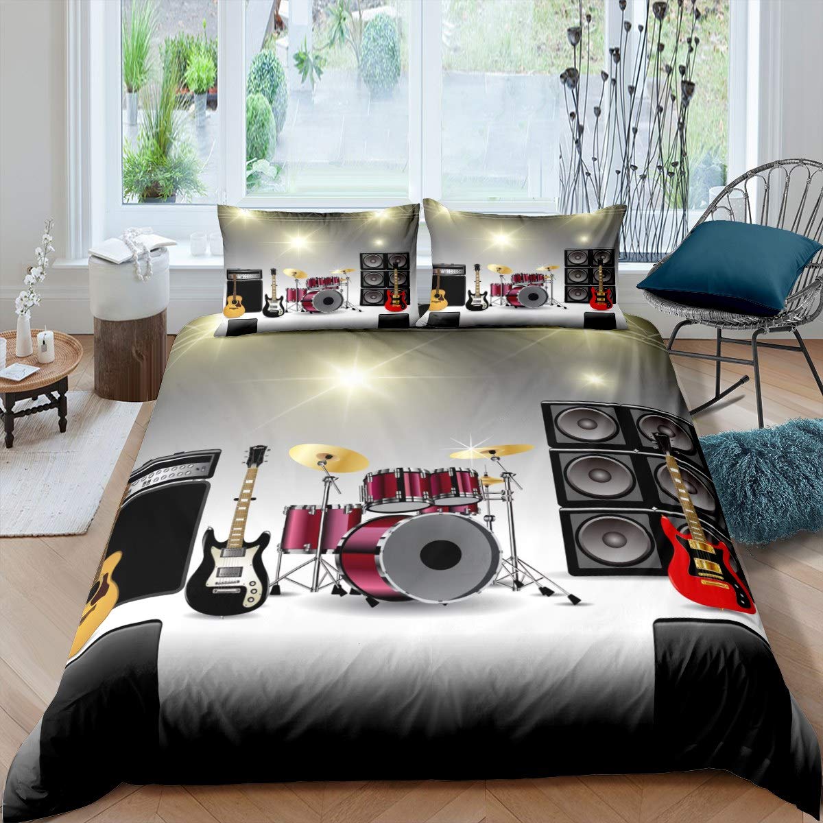 Drum Bedding Set Rock Music Theme Duvet Cover for Kids Boys Teens Electronic Musical Instrument Comforter Cover Guitar Drum Speaker Bedspread Cover Bedroom Collection 3Pcs King — image 1