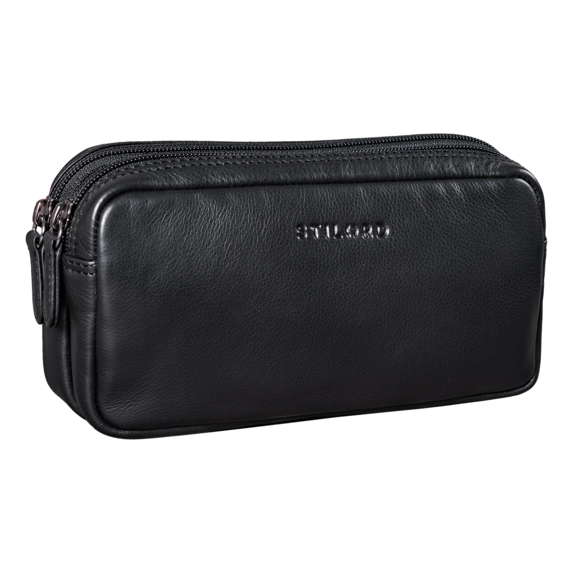 STILORD "Eddie" Pencil Pouch Case Leather Pen Cases with 2 Zipped Compartments Vintage Pencil Bag Cosmetic Bag Organizer Genuine Leather Colour:Black