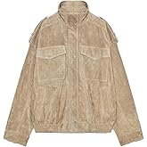 Zleoutfit Women’s Suede Leather Jacket High Collar Long Cuffed Sleeves Pockets Zipper Oversized Coat