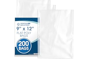 Spartan Industrial - 9" X 12" Open-End Flat Bags (200 Count) 1.1 Mil Clear Poly Bags for Clothing, Art, Journal Packaging (Ba