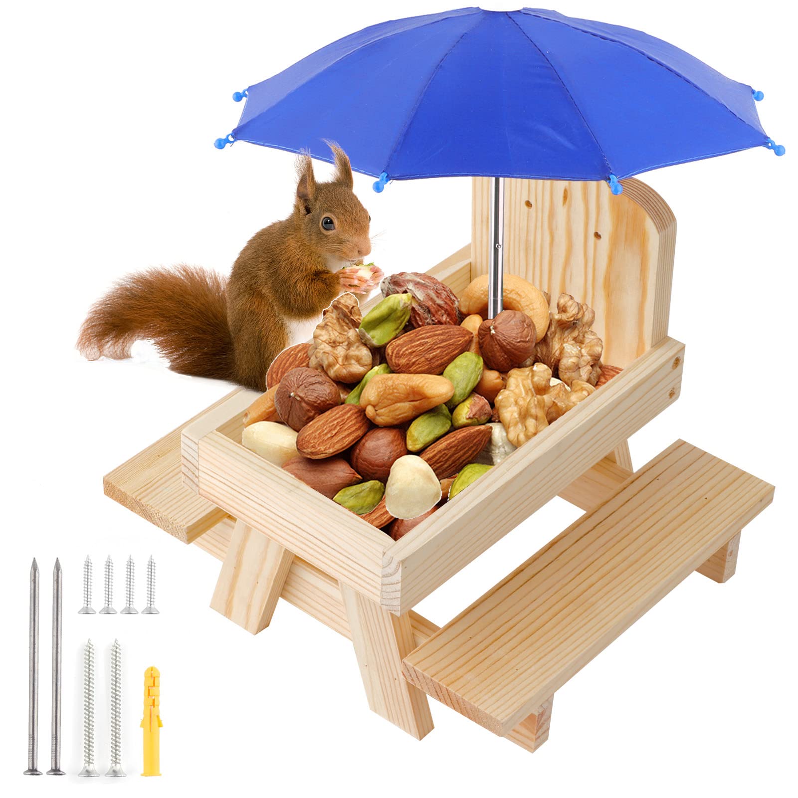 Creechwa Squirrel Feeder for Garden and Tree, Waterproof Sturdy Wood Box With Corn Cob Stand, Effortless Assemble, Easy to Refill (Blue Table Style)