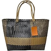 Dallas Hill Designs Handwoven Super Tote Bag for Women | Recycled Plastic Shoulder Purse | Summer Beach, Pool, and Travel Handbag (Black & Gold)