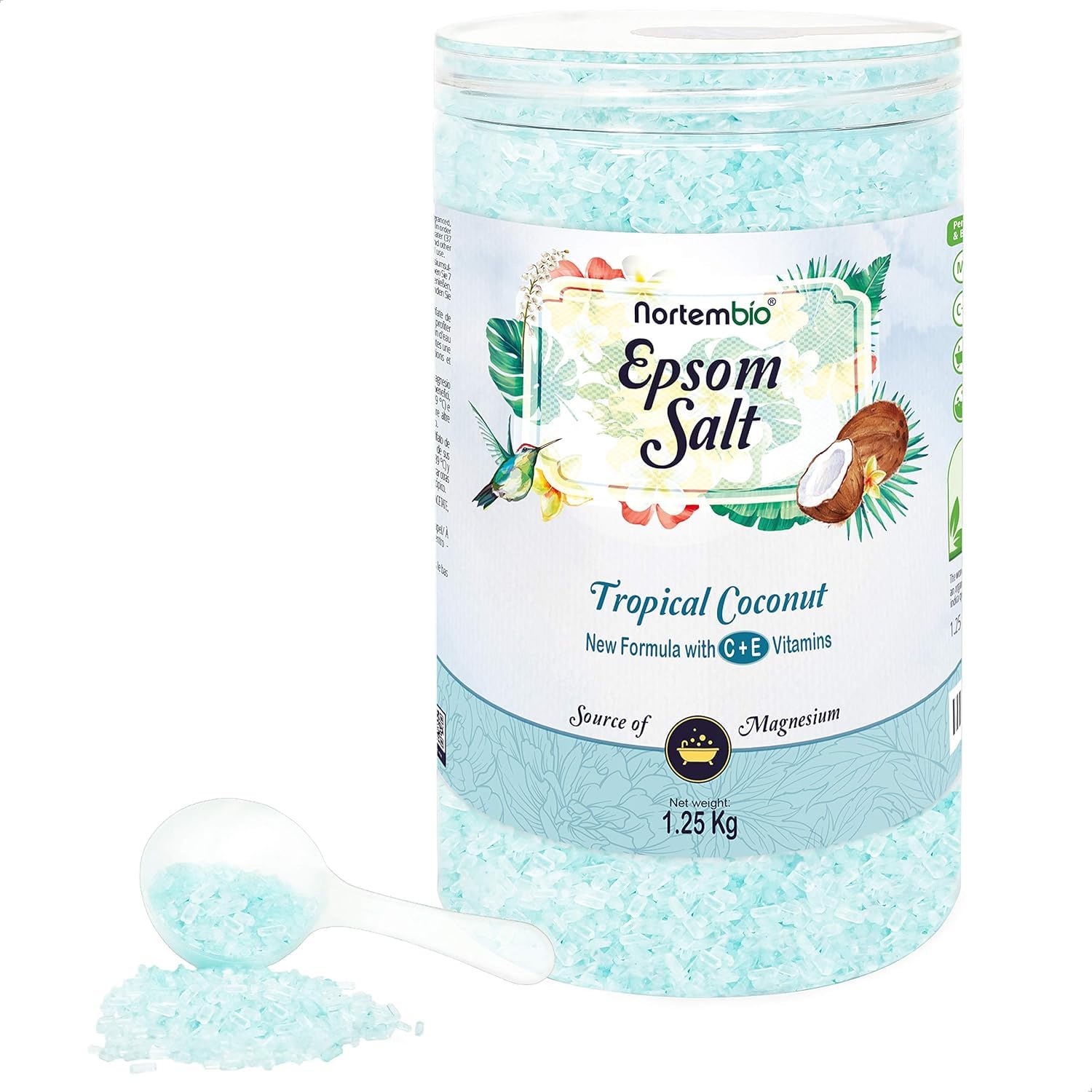 Nortembio Epsom Salt 100% Tropical Coconut Fragrance 1,25 kg – Natural Source of Magnesium | with Moisturizing Vitamin C & E | for Relaxing Baths, Spa & Skincare + Free E-Book