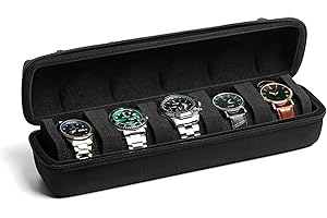 RIGICASE 5 watch travel case roll, Portable watch carry case roll storage organizer box for men and women with soft foam pillows snug fit all size watches up to 60mm face